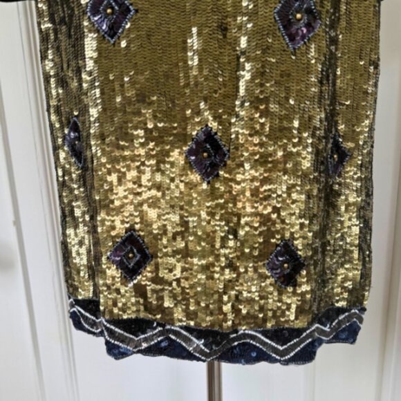 FRENCH CONNECTION Carnival Sequin Black Gold Short Sleeve Top Size 10 - Picture 3 of 16